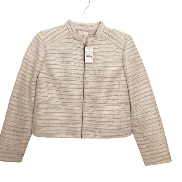 J.Crew Suiting Classy Short Jacket Sz 4 BEIGE Metallic Tweed Zip Pockets Luxury - Picture 3 of 16